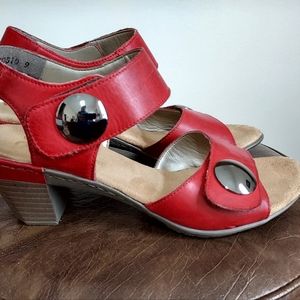 Rieker Red Leather Stacked heel Sandals.